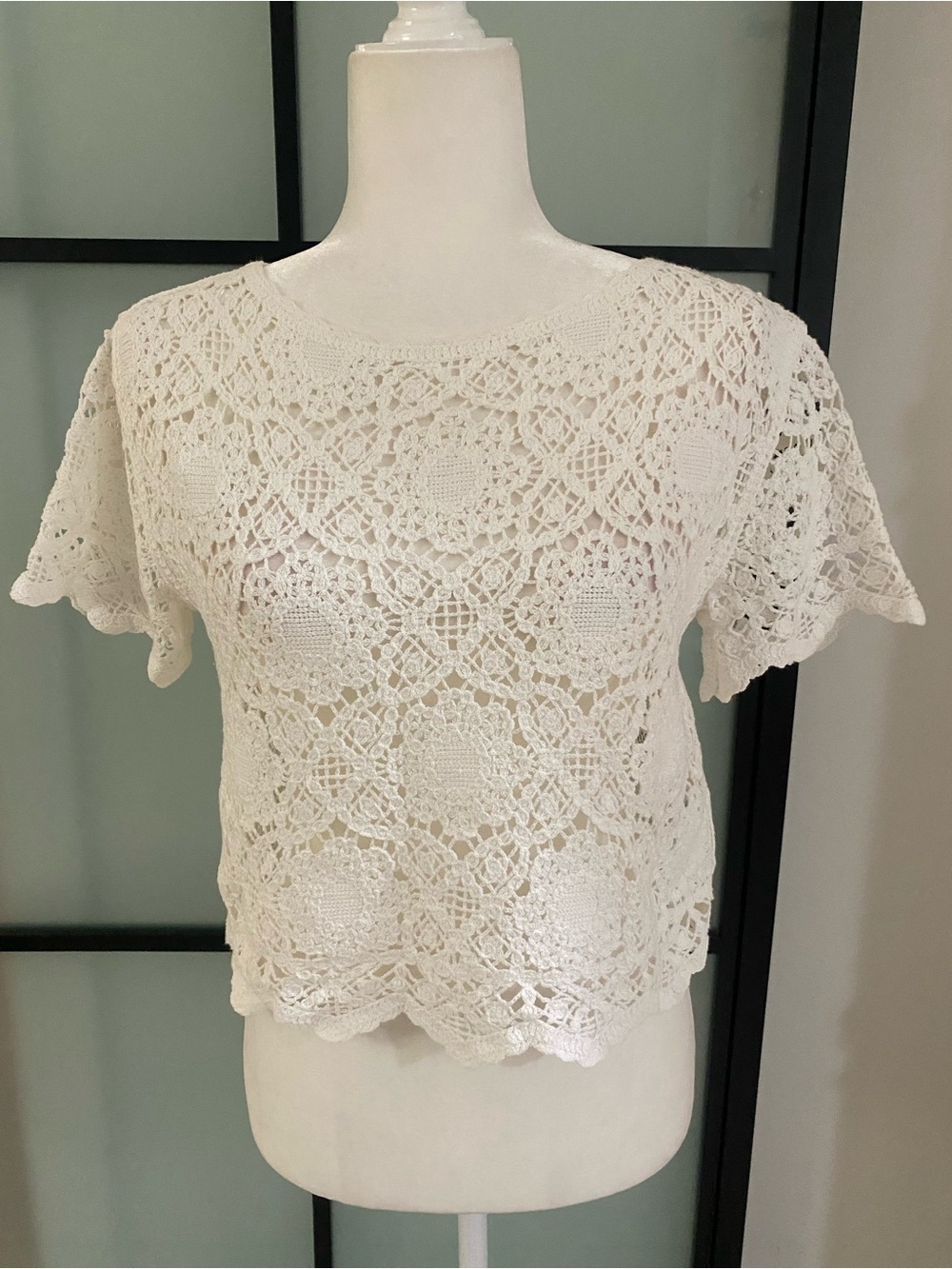 Sundance "Shadow Dance" Crochet Lace Tee in white, 100% cotton, size XS